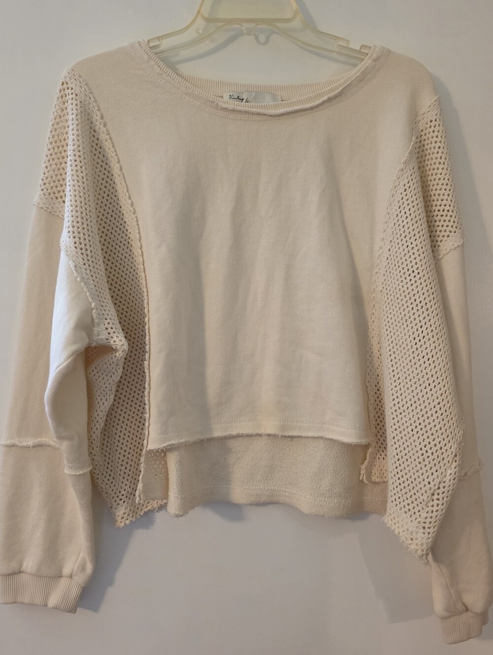 Vintage Havana Cream Cropped Patchwork Mesh Boxy Sweatshirt Boho 100% Cotton EUC